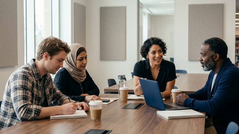 A small, diverse group of adult learners works collaboratively, representing the changing demographics of postsecondary enrollment.