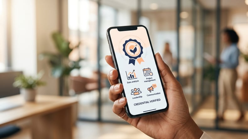 Professional viewing a digital credential badge on a smartphone, illustrating skills-based hiring workflows.