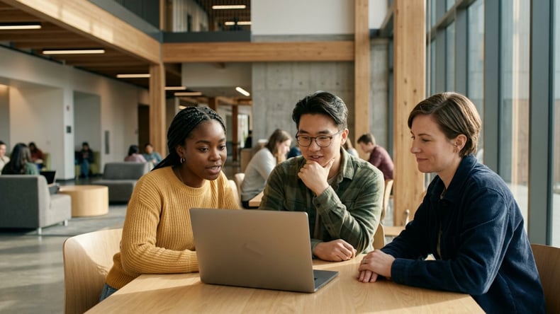Higher education students reviewing a digital program catalog together on a laptop in a university common space.